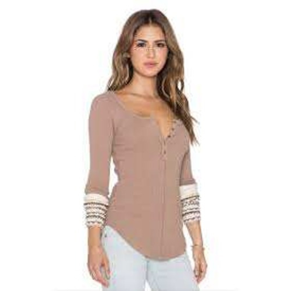 Free People Sunset Park Thermal Henley Mauve Brown Crochet Cuff Women Top Small